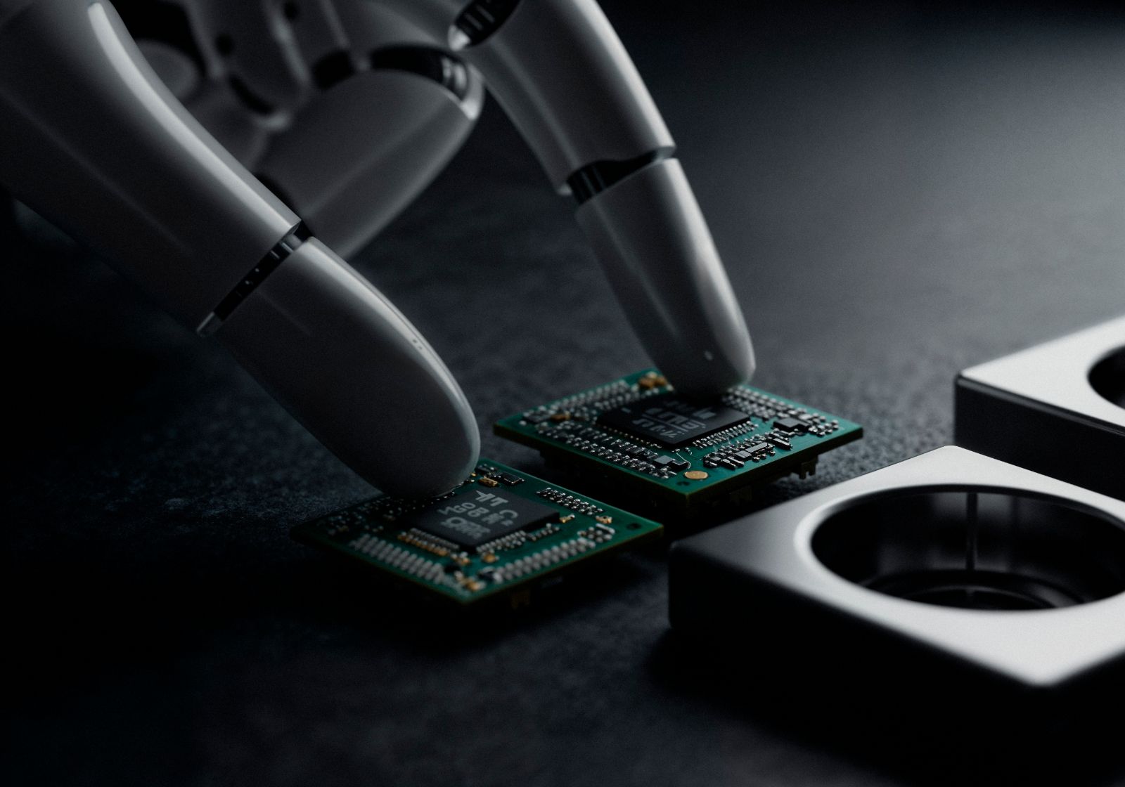 A robotic arm placing circuit boards
