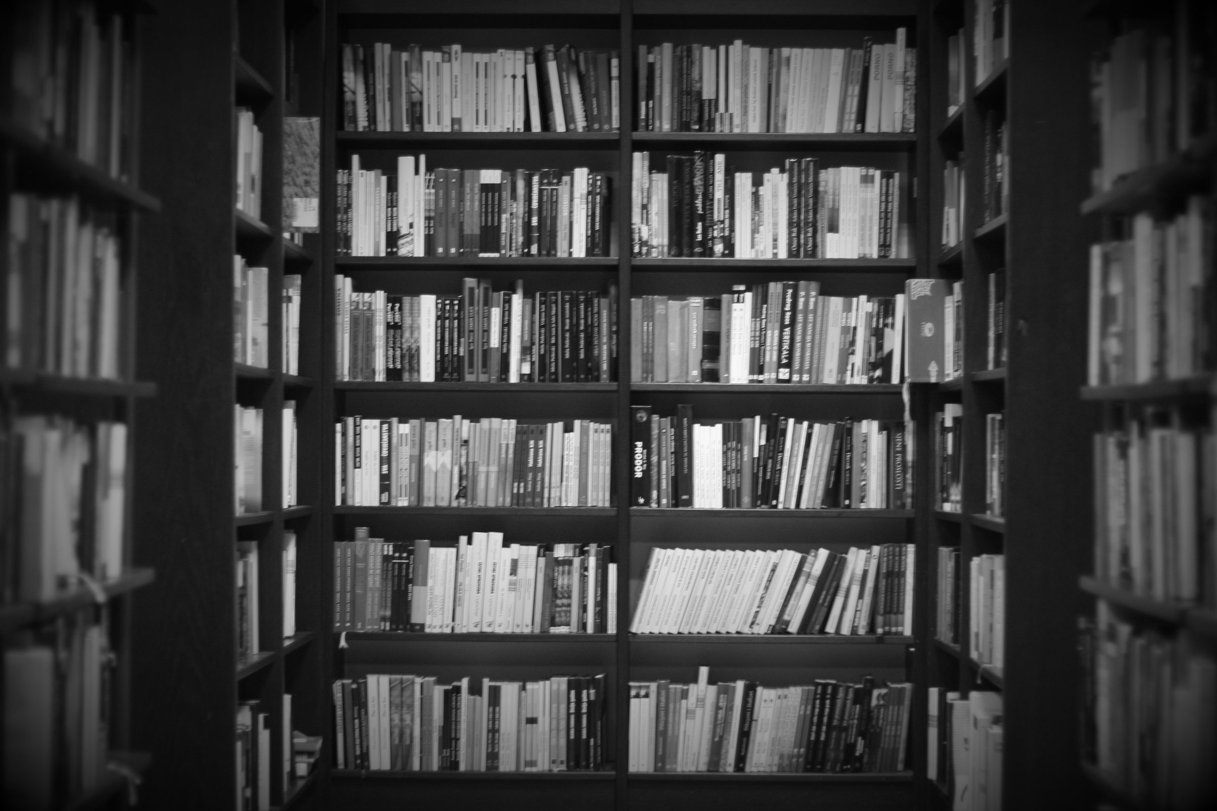 Tall bookcases filled with books in a quiet library aisle