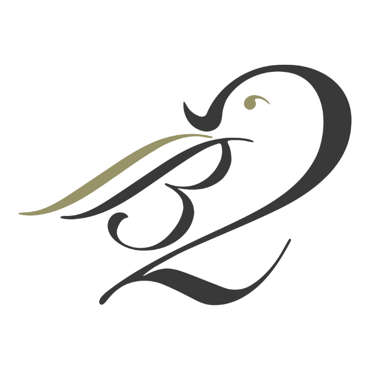 The 2BIRDS monogram, a charcoal bird drawn from the numeral 2 and the letter B, with an olive feather and eye