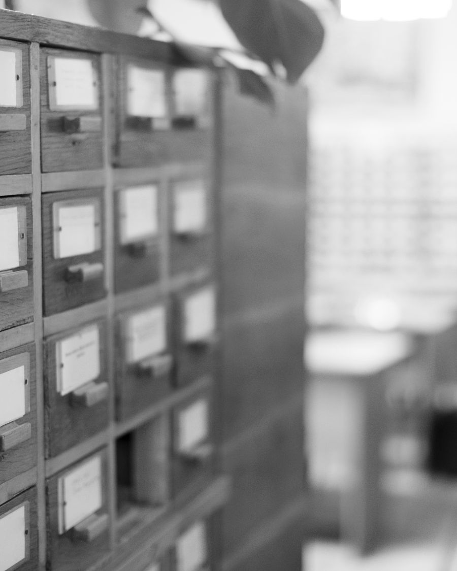 Wooden card index drawers in a library