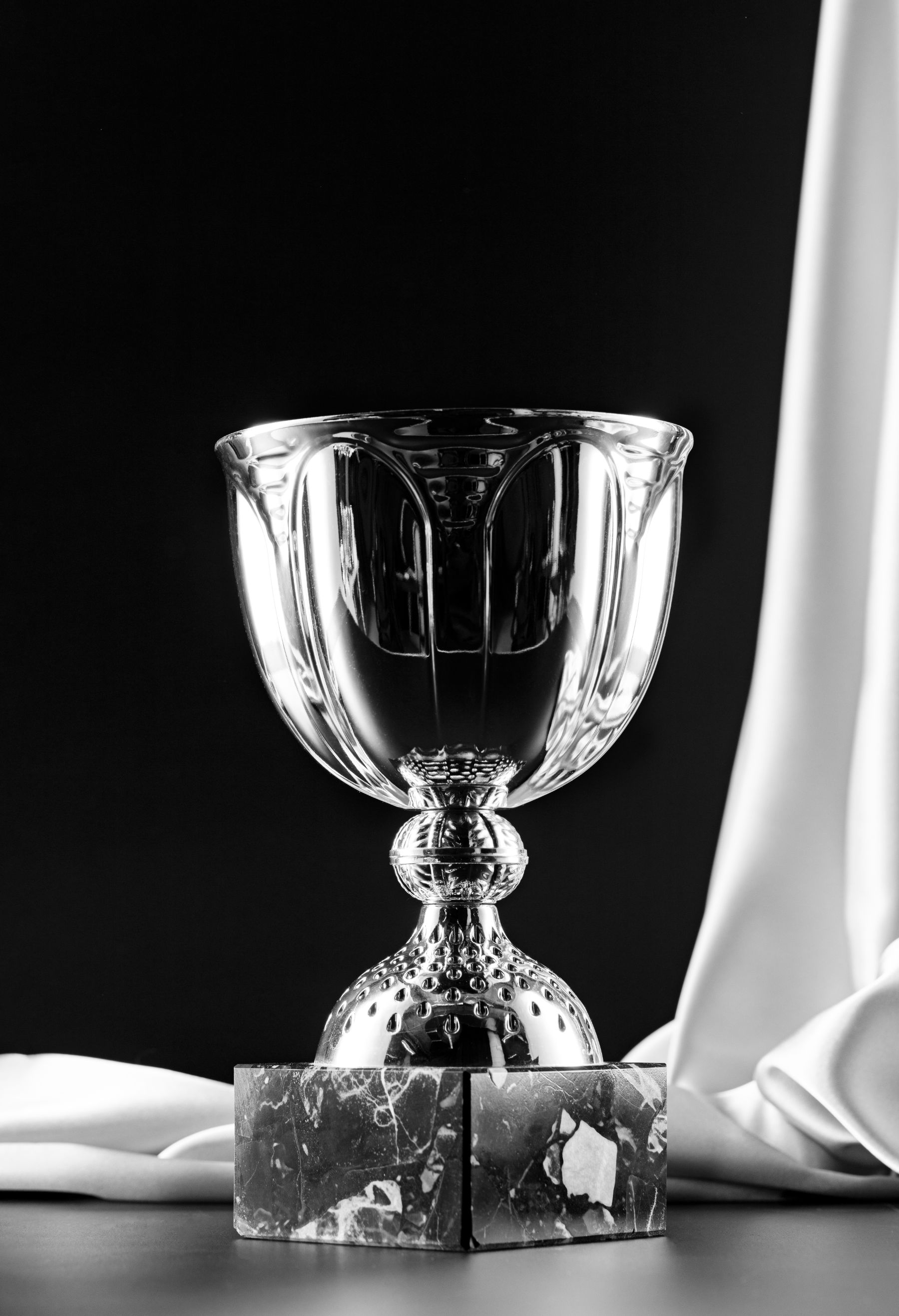 A silver cup on a marble base against a dark backdrop, in black and white