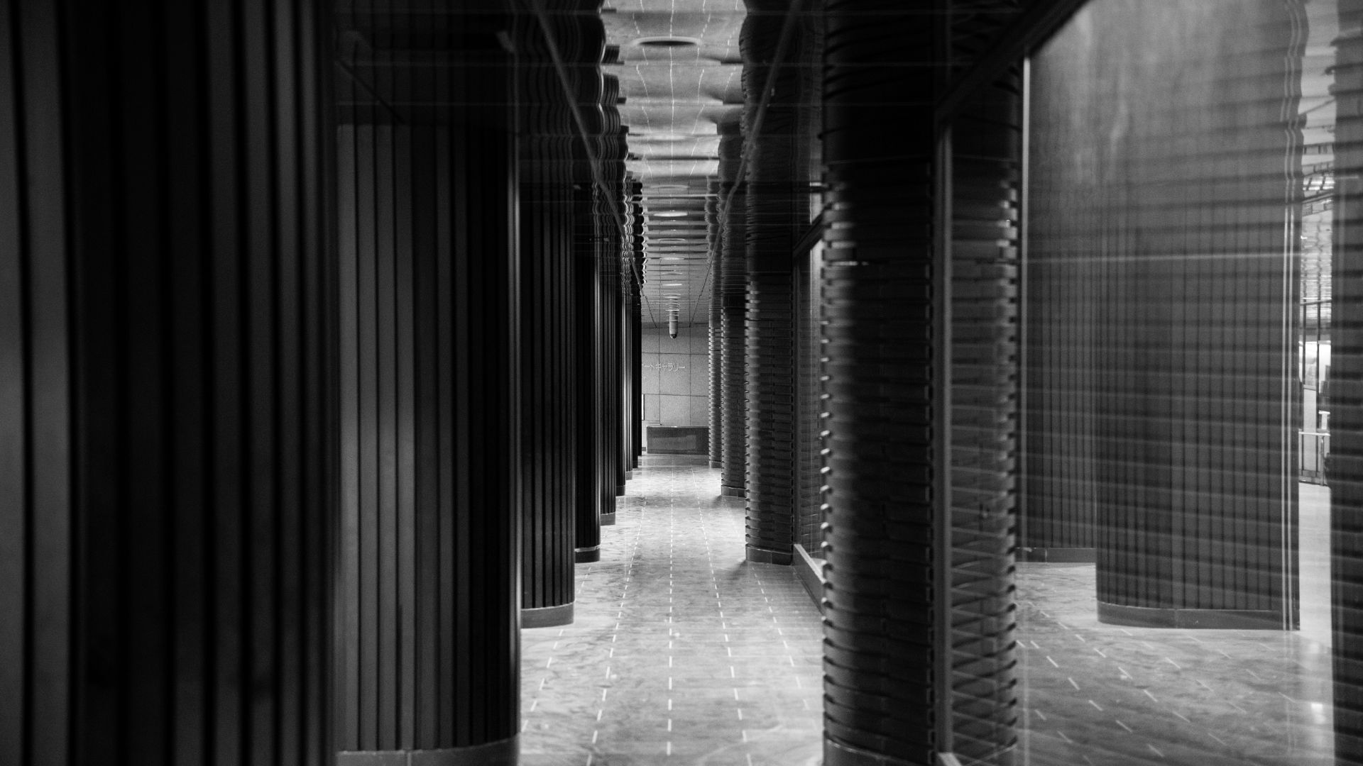 A dim corridor lined with tall dark columns