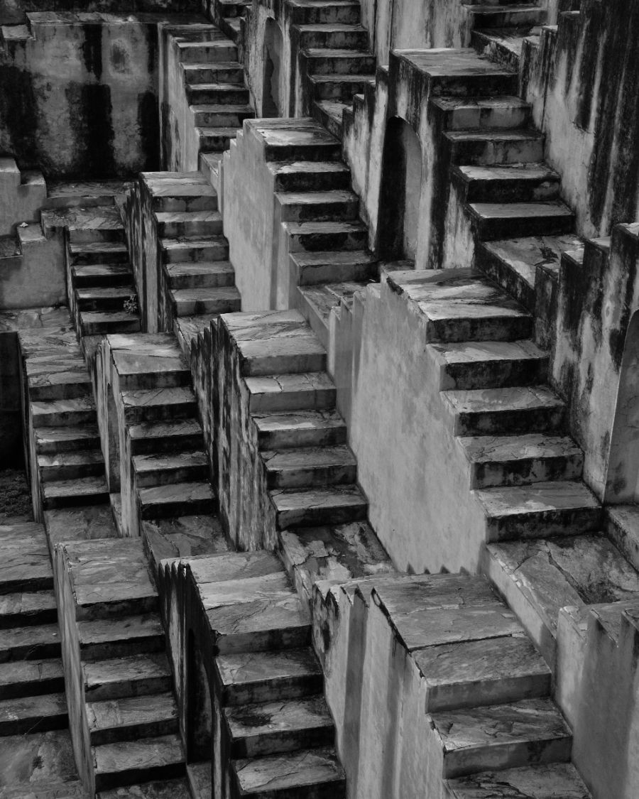 Rows of carved stone stepwell stairs