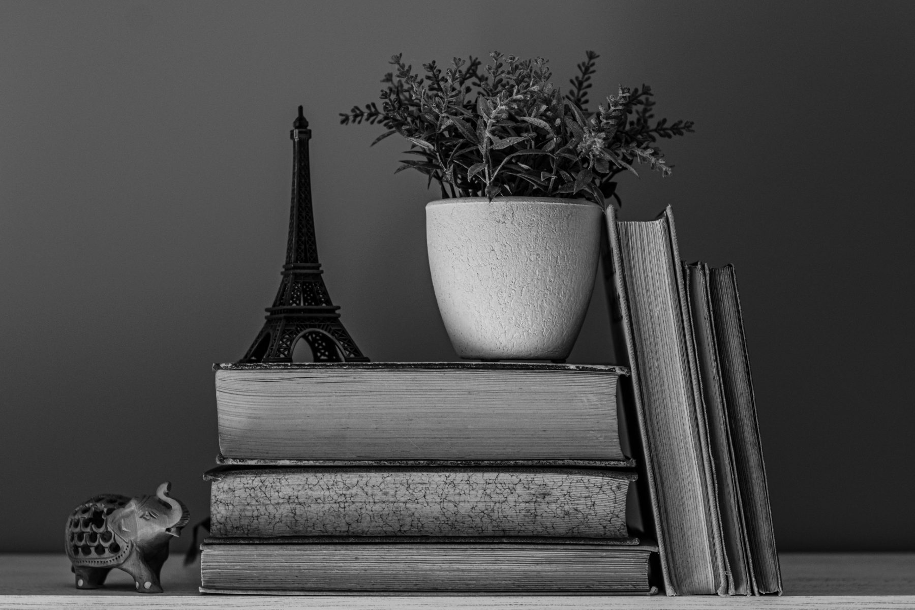 Rows of books on a shelf in black and white