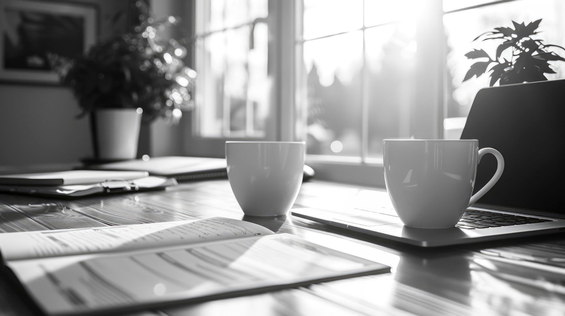 A minimalist office in black and white