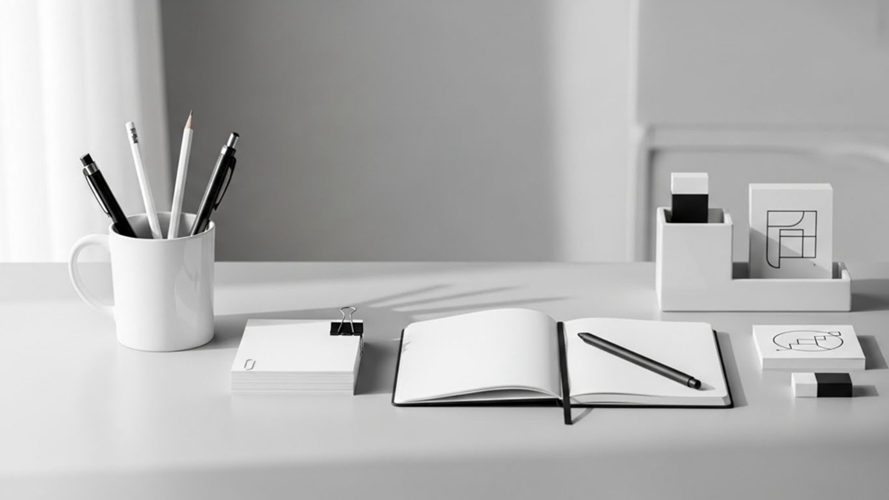 A minimalist desk with stationery in black and white